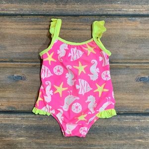 Carter’s 12 Month Girls One Piece Swimsuit - Pink yellow & white - sea creatures